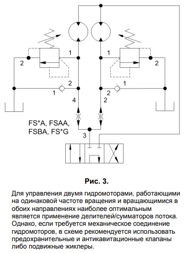 Рис. 3. Для управления двумя гидромоторами, работающими на одинаковой частоте вращения и вращающимися в обоих направлениях наиболее оптимальным является применение делителей/сумматоров потока. 